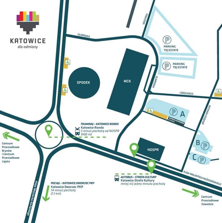 Mapa przedstawiająca kluczowe lokalizacje w Katowicach, w tym Spodek, MCK, NOSPR, przystanki tramwajowe i autobusowe, parkingi i pobliskie drogi. Ikony wskazują wejścia, wyjścia i opcje transportu wokół Strefy Kultury.