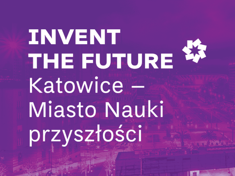 Tekst na fioletowym tle pejzażu miejskiego brzmi: INVENT THE FUTURE Katowice - Miasto Nauki przyszłości z geometrycznym logo w kształcie gwiazdy w prawym górnym rogu.